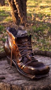 A sturdy brown leather boot resting on a tree stump in a sunlit outdoor setting, symbolizing the craftsmanship behind our handcrafted wooden tables and doors.