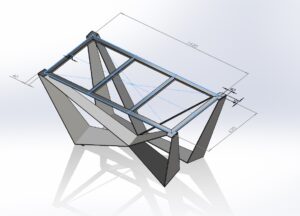 3D model of a steel truss frame with diagonal braces and two supporting legs.