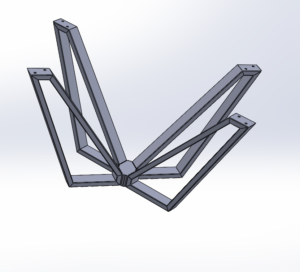 Three-dimensional metal frame sculpture with multiple elongated rectangular beams radiating from a central joint.