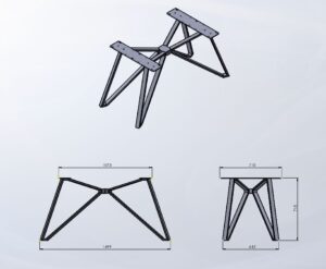 Three-view technical drawing of a metal frame with triangular braces, shown in isometric, front, and side views with dimension annotations.