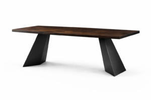 Rectangular wooden table with a dark brown top and angled black metal legs.