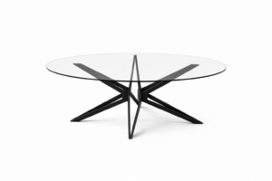 Round glass coffee table with a black star-shaped metal base.