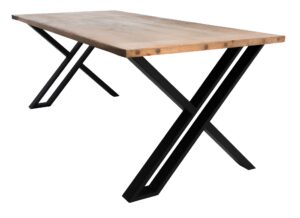 Rectangular wooden desk with black metal X-frame legs.