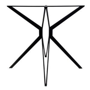 Abstract black geometric table base with two horizontal top bars, an X-shaped frame, and two long pointed central stems.