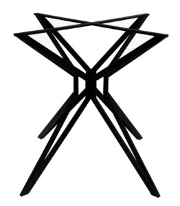 Abstract black geometric sculpture featuring angular intersecting lines forming an X-shaped frame.