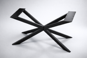 A black metal table base with an X-shaped design and four angled legs.