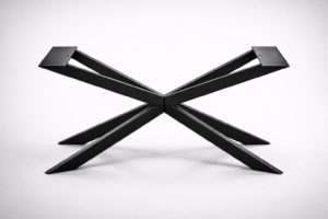 A black metal X-shaped stand on a white background.