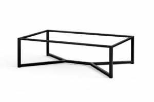 Black metal rectangular coffee table frame with angular crossbars on a white background.