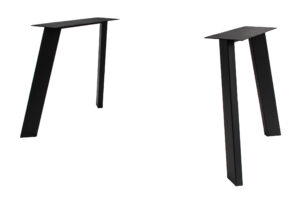 Two minimalist black tables with rectangular tops and angled legs, shown from different angles.