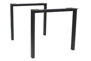 Two black metal rectangular table-leg frames standing apart.