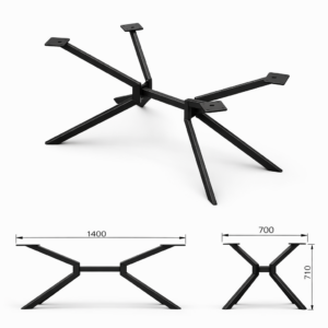 Black metal four-armed spider base with a central hub and angled legs, shown with measurement diagrams.