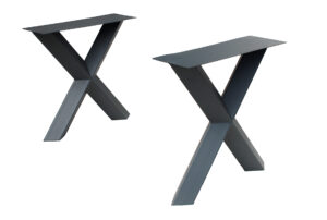 Two gray metal X-shaped table bases with flat rectangular top plates on a white background.