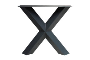 A black metal table base formed into an X shape with a slim top bar.