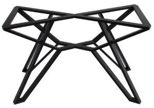 Black geometric metal table base with intersecting angular supports.