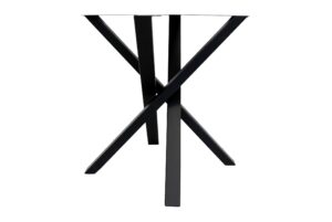 Crisscrossing black metal table legs forming an X-shaped base.
