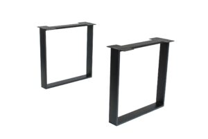 Two black metal table legs with top mounting plates.