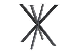 Abstract sculpture of gray metal bars arranged in a starburst around a central intersection.