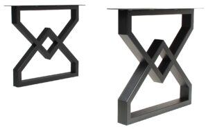 Two black metal X-shaped table bases with an inner diamond frame.