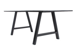 A long black table with two A-frame trestle legs.