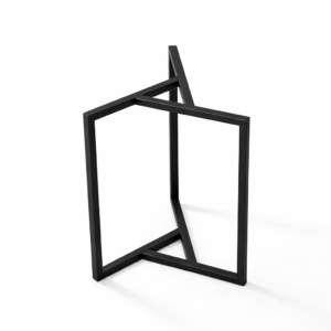 Black metal geometric frame sculpture formed by two interlocking square frames connected by a diagonal brace on a white background.