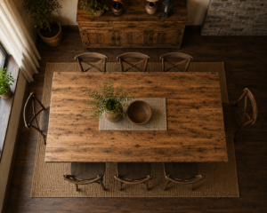Top-down view of a handcrafted solid-wood dining table with chairs, highlighting the furniture maker's range of wooden tables and doors.