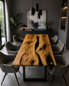 Handcrafted live-edge wooden dining table with a dark resin river, surrounded by grey upholstered chairs in a modern showroom to showcase our custom wooden tables and doors.