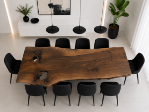 A modern conference room with a large live-edge wooden table surrounded by black chairs, pendant lights, and potted plants, illustrating handcrafted wooden tables from a furniture maker.