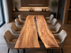 Handcrafted live-edge wooden dining table with natural edges, surrounded by beige upholstered chairs in a modern showroom, highlighting premium timber furniture.