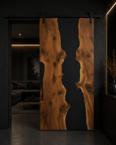 Two live-edge wooden doors with natural edges mounted on a black track in a modern showroom, highlighting handcrafted doors and tables.