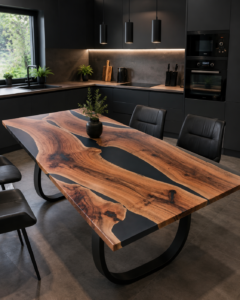 A modern kitchen featuring a large live-edge wooden dining table with black chairs, pendant lights, dark cabinets, and a window with plants.