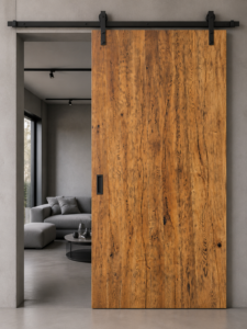 Warm-toned wooden sliding door on a black metal track in a modern living space, showcasing the company’s custom doors and tables.
