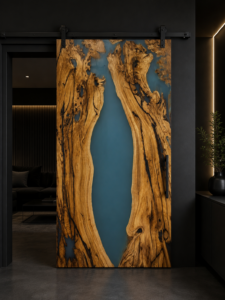 Sliding live-edge wooden door with a blue center panel, showcased by a woodworking company that makes doors and tables.