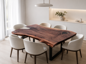 Handcrafted live-edge wooden dining table with cream upholstered chairs in a bright, modern kitchen, showcasing our custom wood tables.