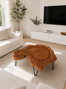 Handcrafted live-edge wooden coffee table with black metal legs in a bright modern living room, showcasing our wooden tables and doors.
