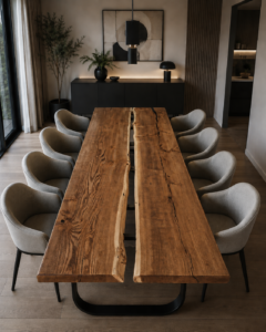 Handcrafted live-edge wooden dining table with eight chairs in a modern showroom, highlighting custom wooden tables and doors.