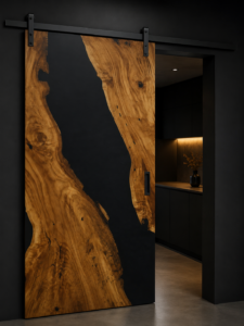 Sliding wooden door with dramatic grain and a black epoxy accent on a black metal track in a modern showroom, showcasing handcrafted doors and tables.