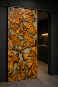 Sliding wooden door panel with an intricate golden leaf carving on a black track, showcased in a showroom for custom doors and wooden furniture.