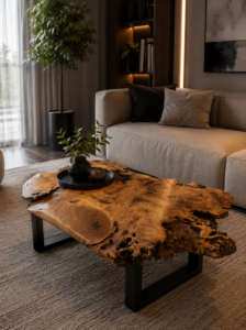 Handcrafted live-edge wooden coffee table with black legs in a modern living room, showcasing premium woodwork for custom tables and doors.