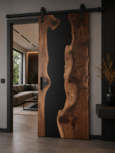 Live-edge wooden sliding door with a black central panel and black hardware, opening into a modern living room.
