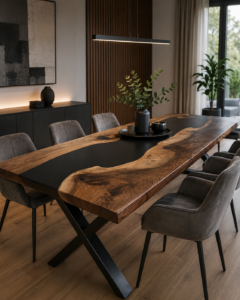 Handcrafted live-edge wooden dining table with black metal legs in a contemporary showroom, surrounded by grey upholstered chairs, ideal for custom wooden tables and doors.