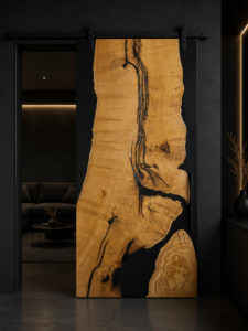 Live-edge wooden door slab with dramatic grain and dark resin veins in a modern showroom, illustrating custom doors and tables.