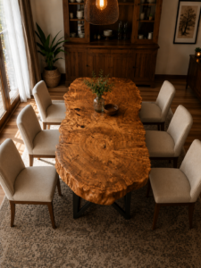 Showroom displaying a handcrafted live-edge wooden dining table with beige upholstered chairs, showcasing our bespoke timber tables and wooden doors.