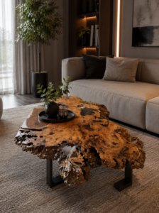 Handcrafted live-edge wooden coffee table with black metal legs in a contemporary living room, showcasing the craftsmanship of our custom wooden tables and doors.