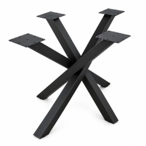 X-shaped black metal table base with square mounting plates for attaching a wooden tabletop.