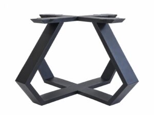 Geometric dark-wood table base with angular, interlocking legs for a contemporary wooden table.
