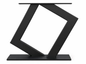 Modern black metal table base with a tilted square frame and flat rectangular base, ideal for supporting a wooden tabletop.