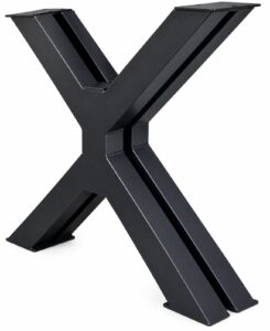 Black X-shaped metal table base designed to support wooden tabletops.