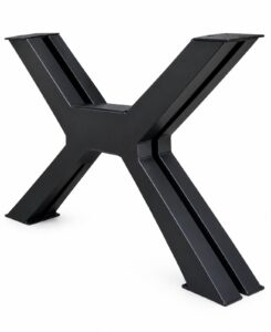 Black metal X-frame table base designed to support handcrafted wooden tables.