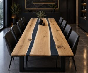 Handcrafted solid wood dining table with a dark resin river inlay, showcased in a modern showroom.