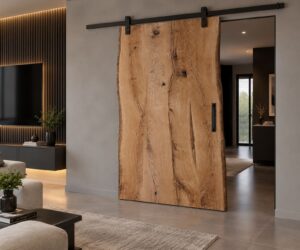 Handcrafted live-edge wooden sliding door on a wall-mounted track in a modern living space, highlighting natural wood grain.